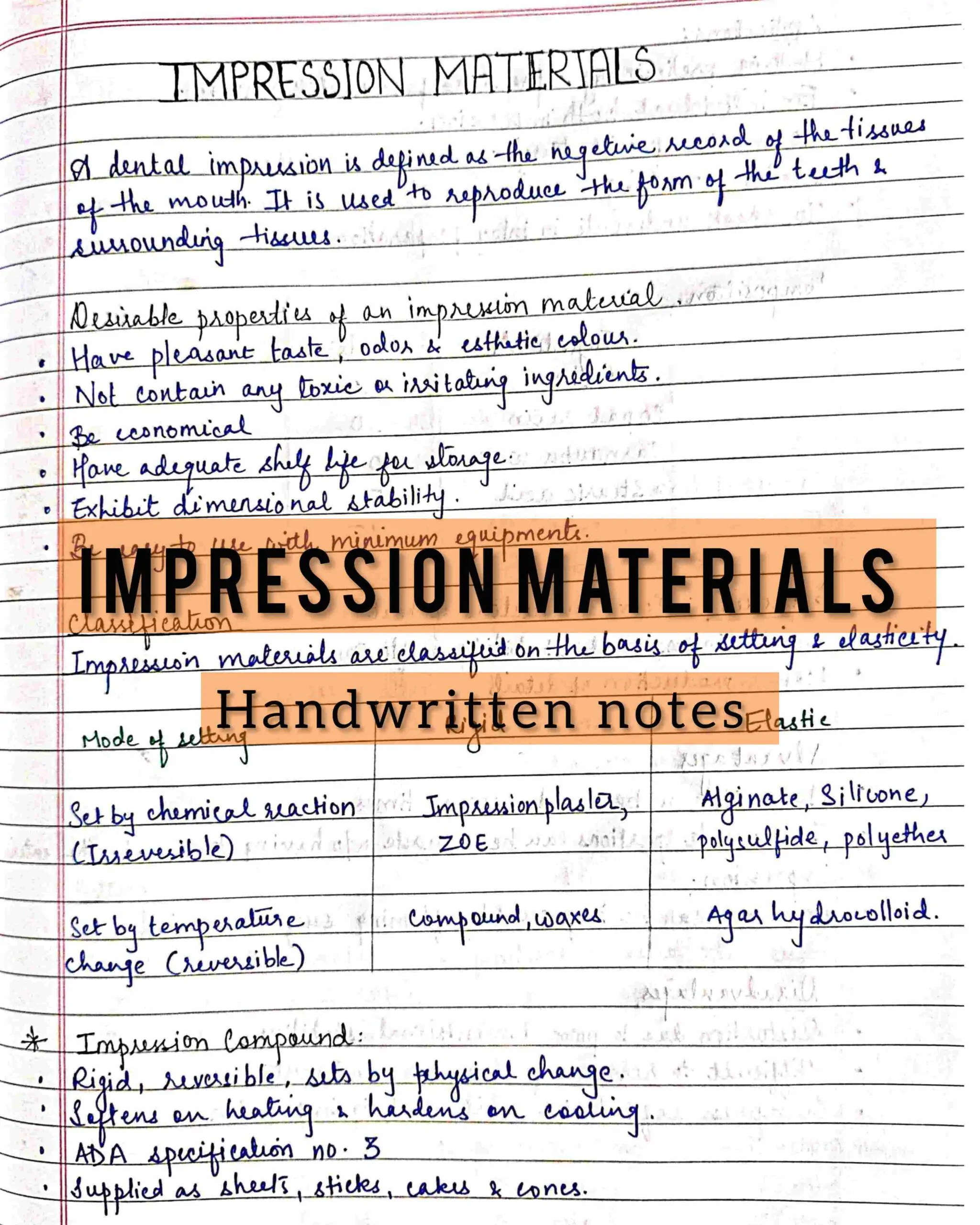 Impression materials dental materials (DM) BDS 2nd year handwritten notes for University exams PDF