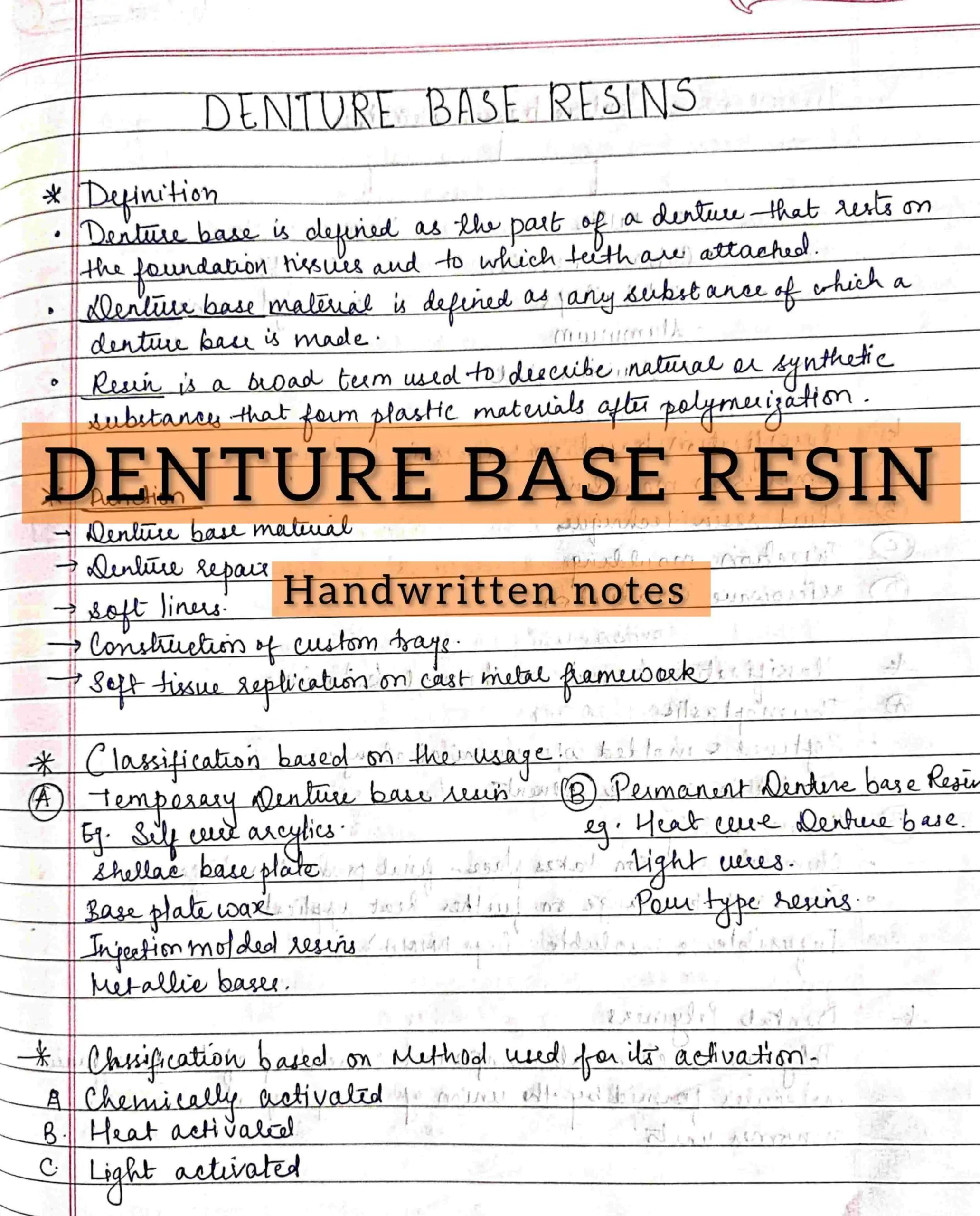 Denture base resin dental materials (DM) BDS 2nd year handwritten notes for University exams