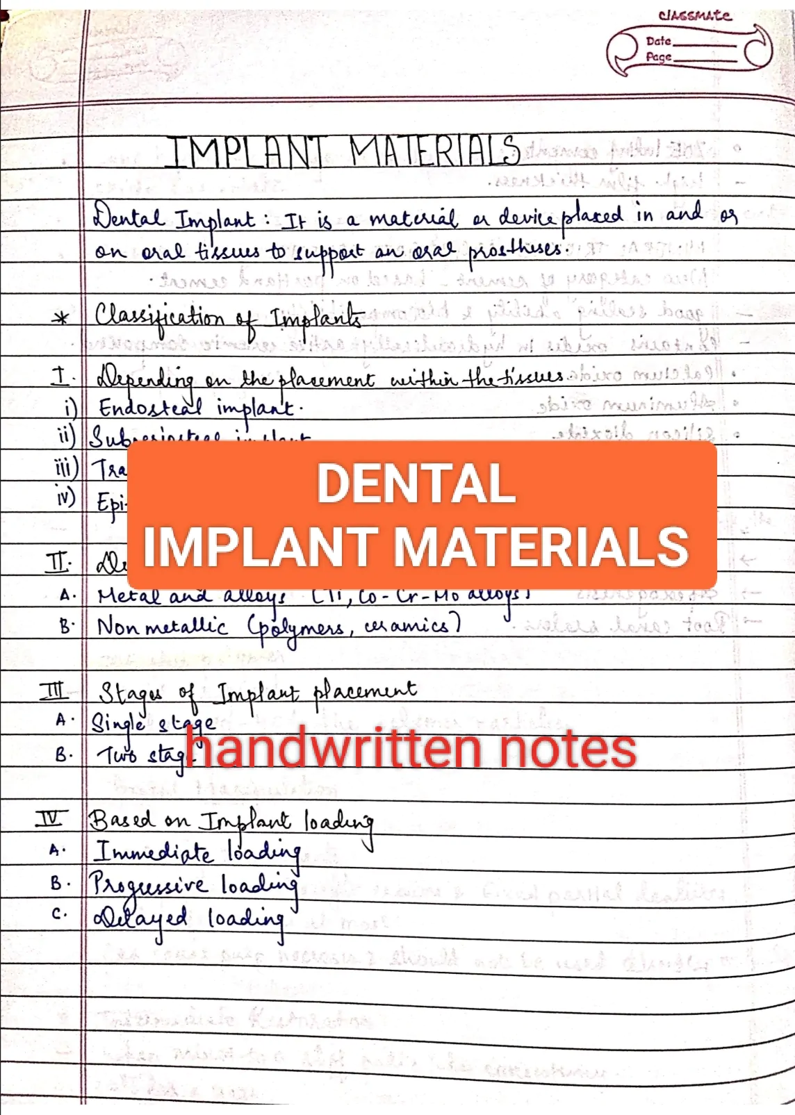 Dental implant materials (DM) BDS 2nd year handwritten notes for University exams PDF