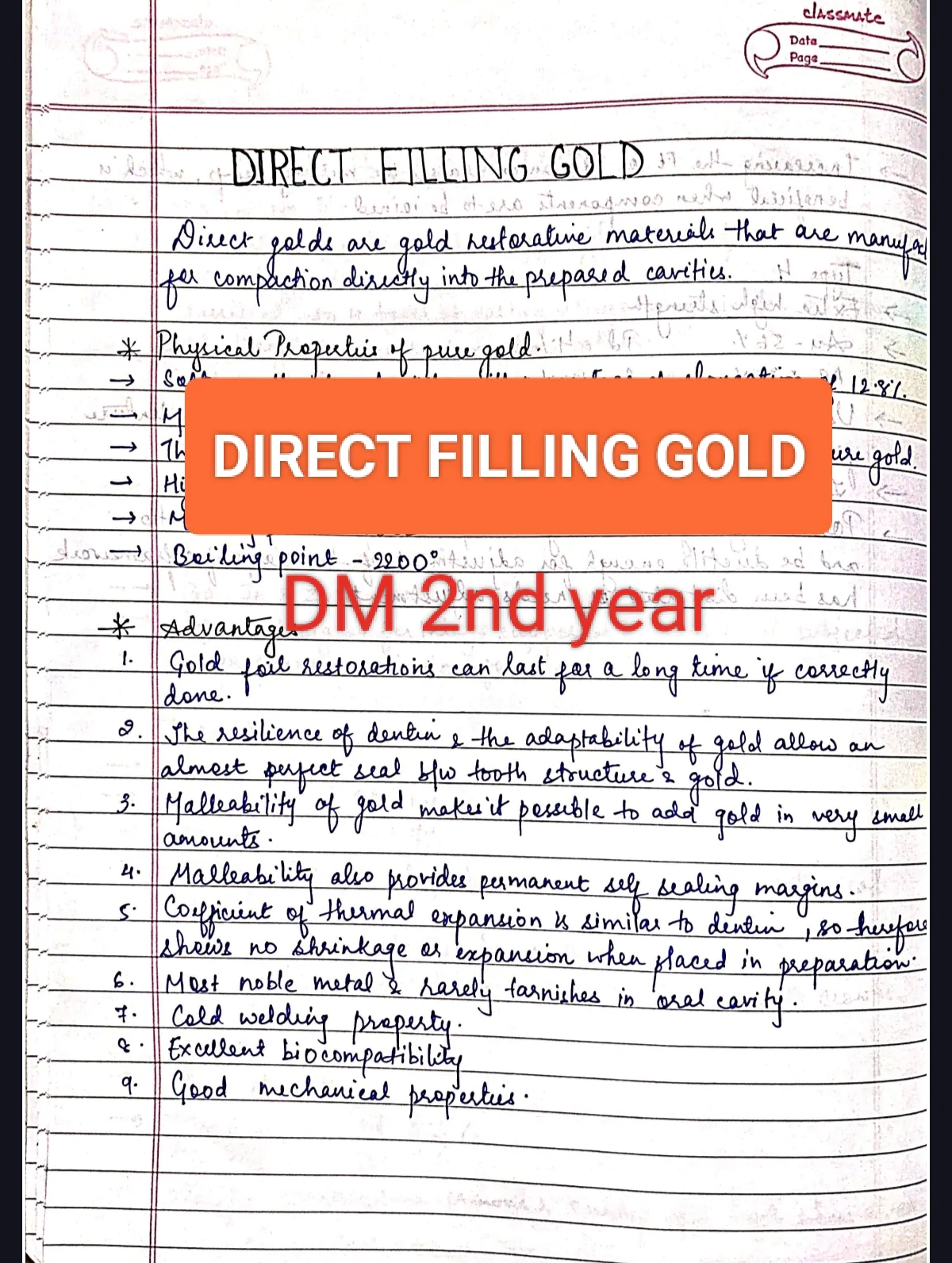 Direct filling gold (DM) BDS 2nd year handwritten notes for University exams PDF