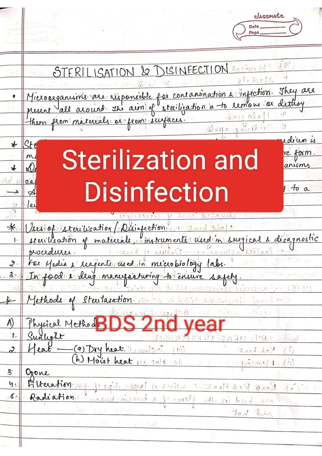 Sterilisation and disinfection (Microbiology) BDS 2nd year handwritten notes for University exams PDF
