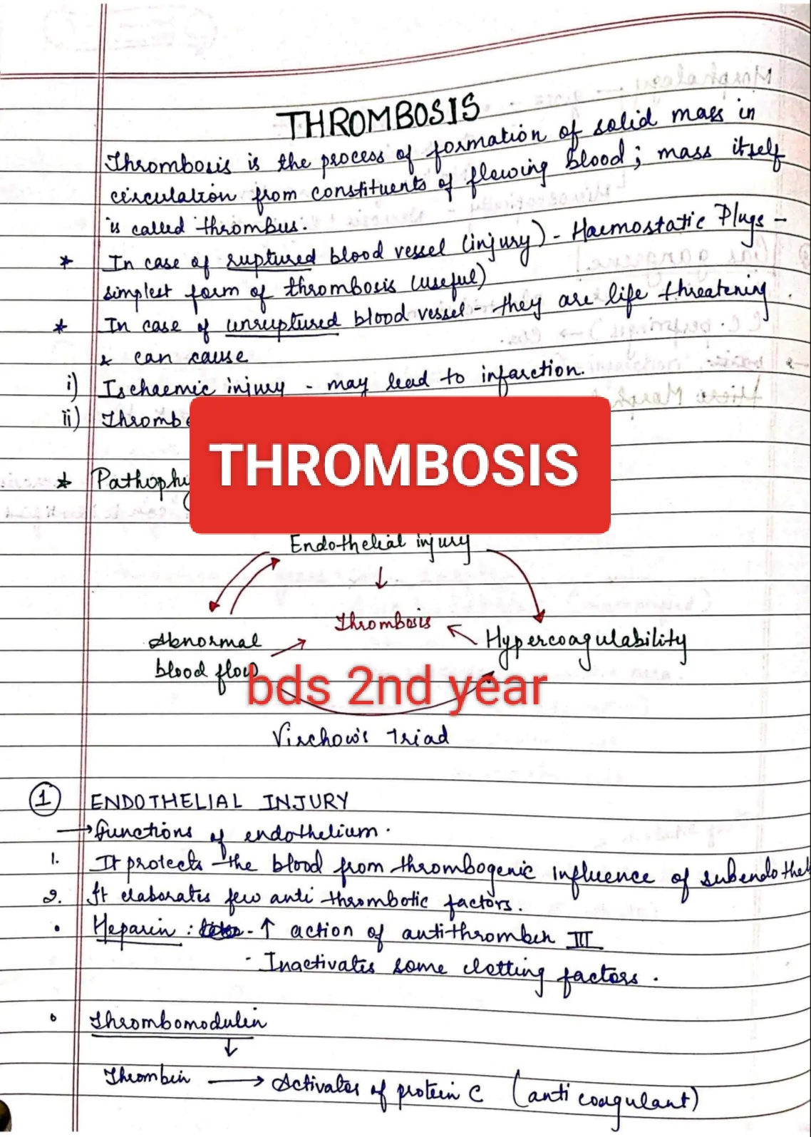 Thrombosis PATHOLOGY BDS 2nd year handwritten notes for University exams