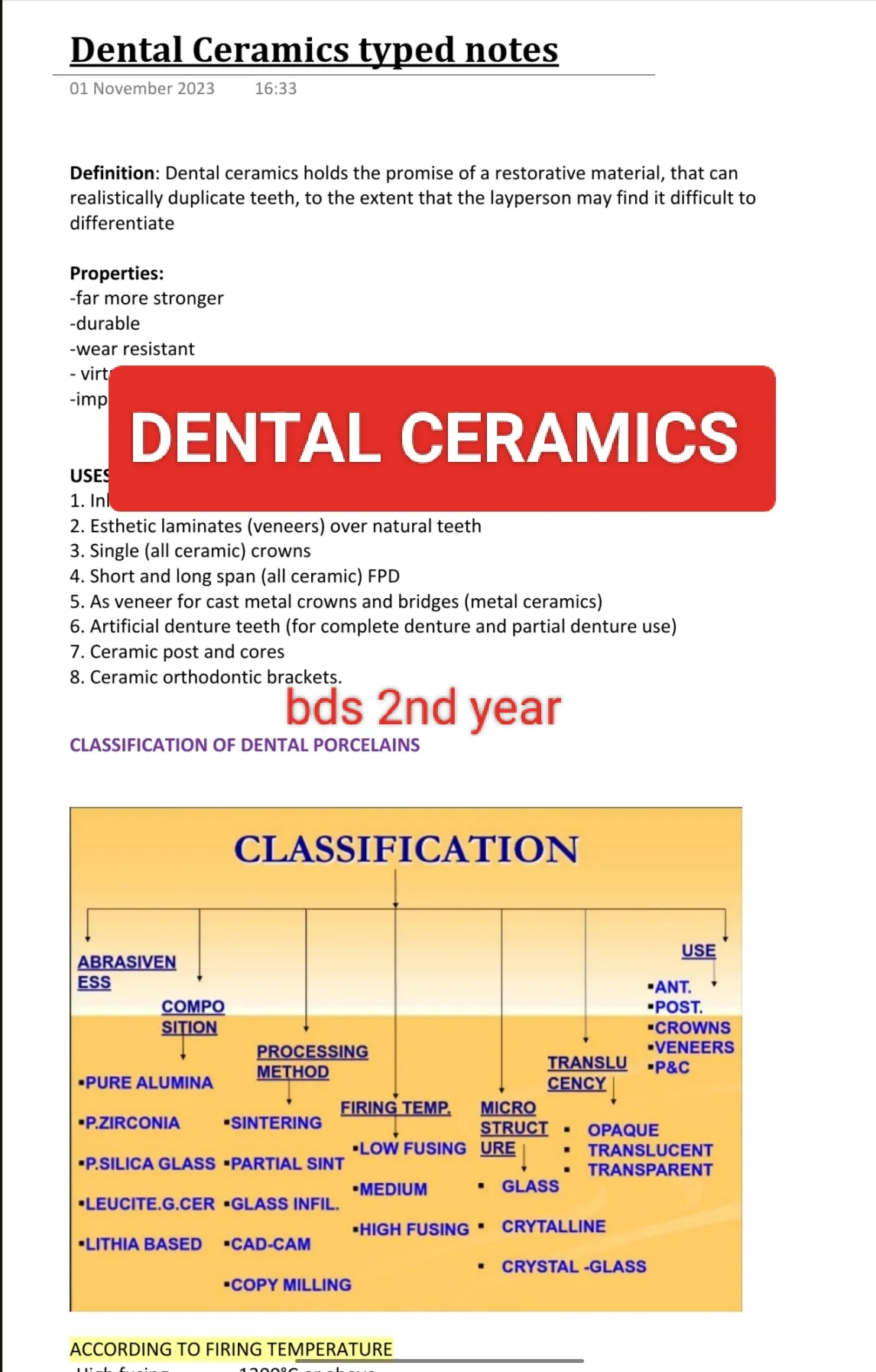 Dental ceramics DENTAL MATERIALS (DM) BDS 2nd year TYPED notes for University exams PDF