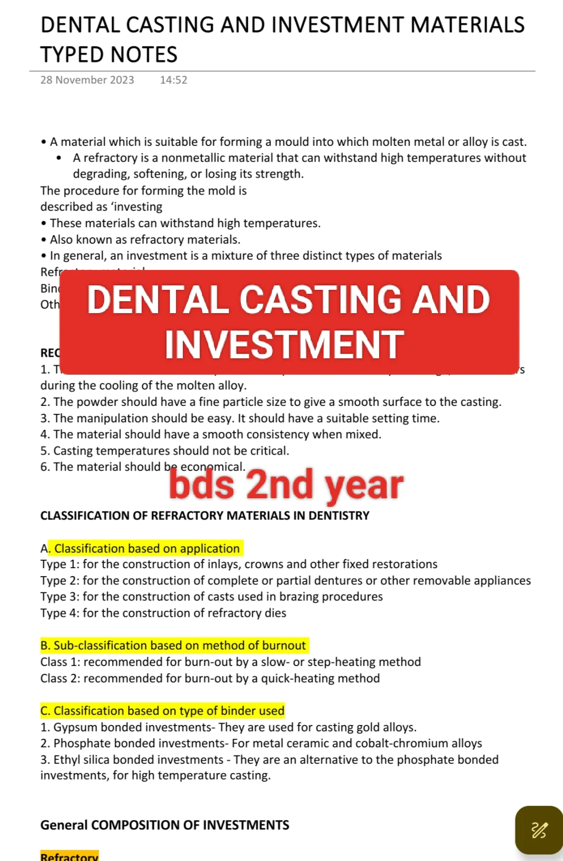 Dental casting and investment materials DENTAL MATERIALS (DM) BDS 2nd year TYPED notes for University exams