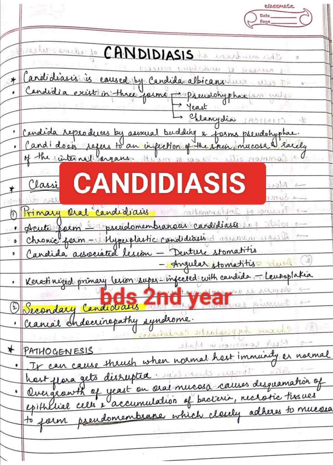 Candidiasis MICROBIOLOGY BDS 2nd year handwritten notes for University exams PDF