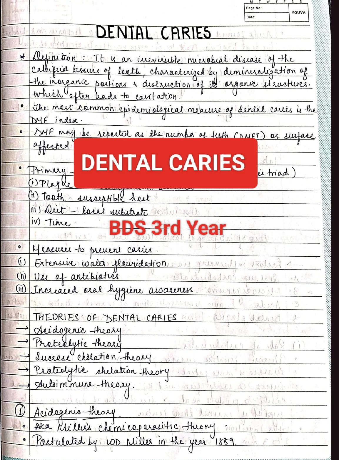 Dental caries ORAL PATHOLOGY BDS 3rd year handwritten notes for University exams PDF