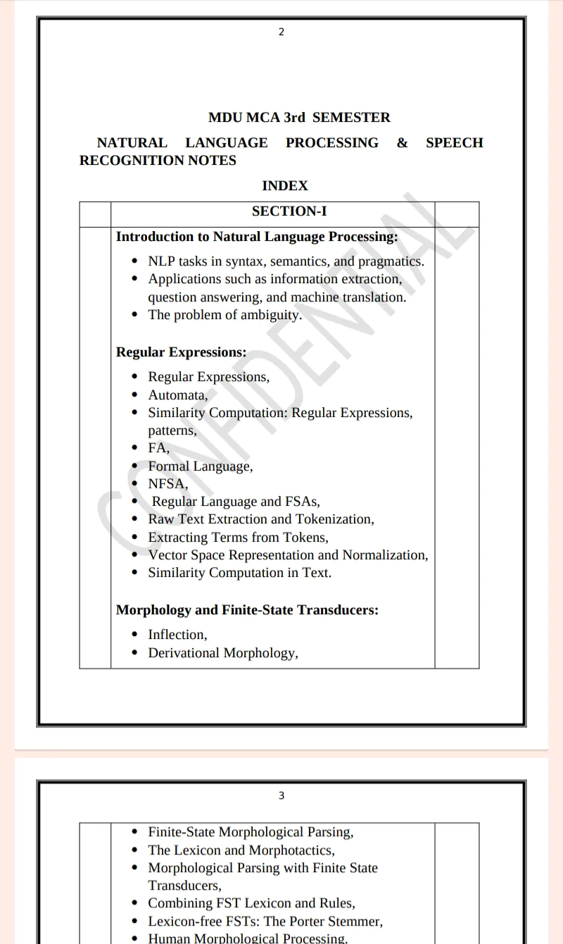 Maharshi Dayanand University | MCA 3rd Semester Natural Language & Speech Recognition Notes PDF - Image 2