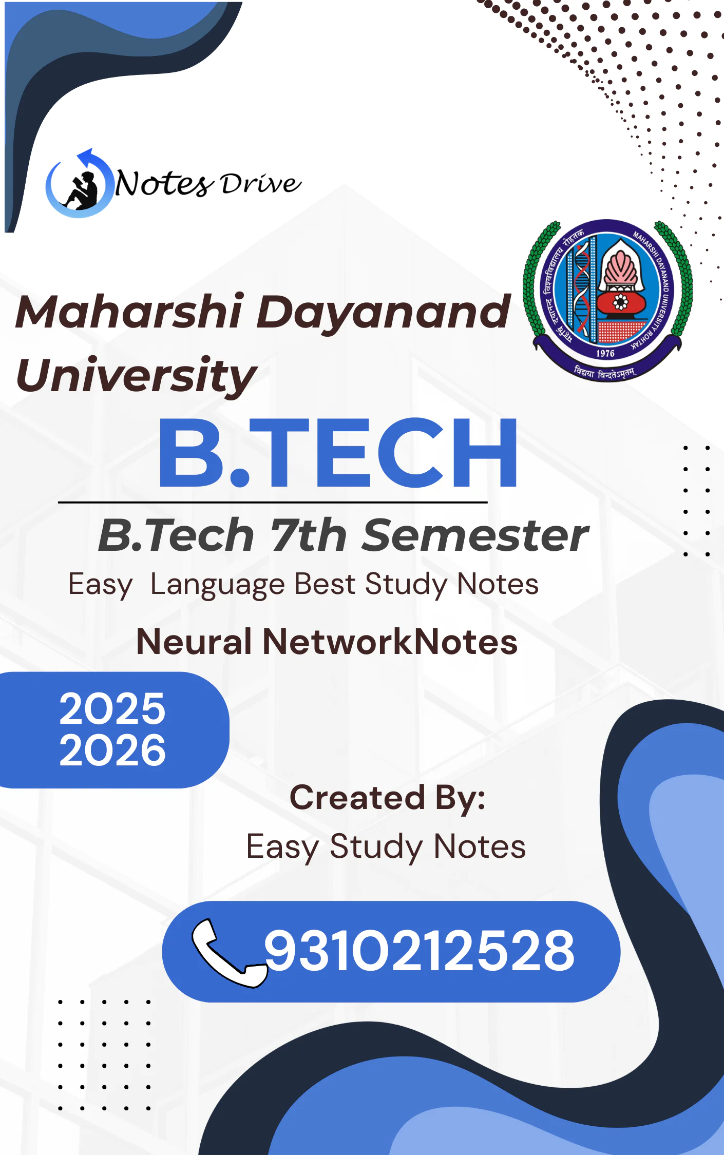 MDU B.Tech 7th Semester Neural Network Notes PDF – Handwritten Typed | 219 Pages | Easy Study Notes