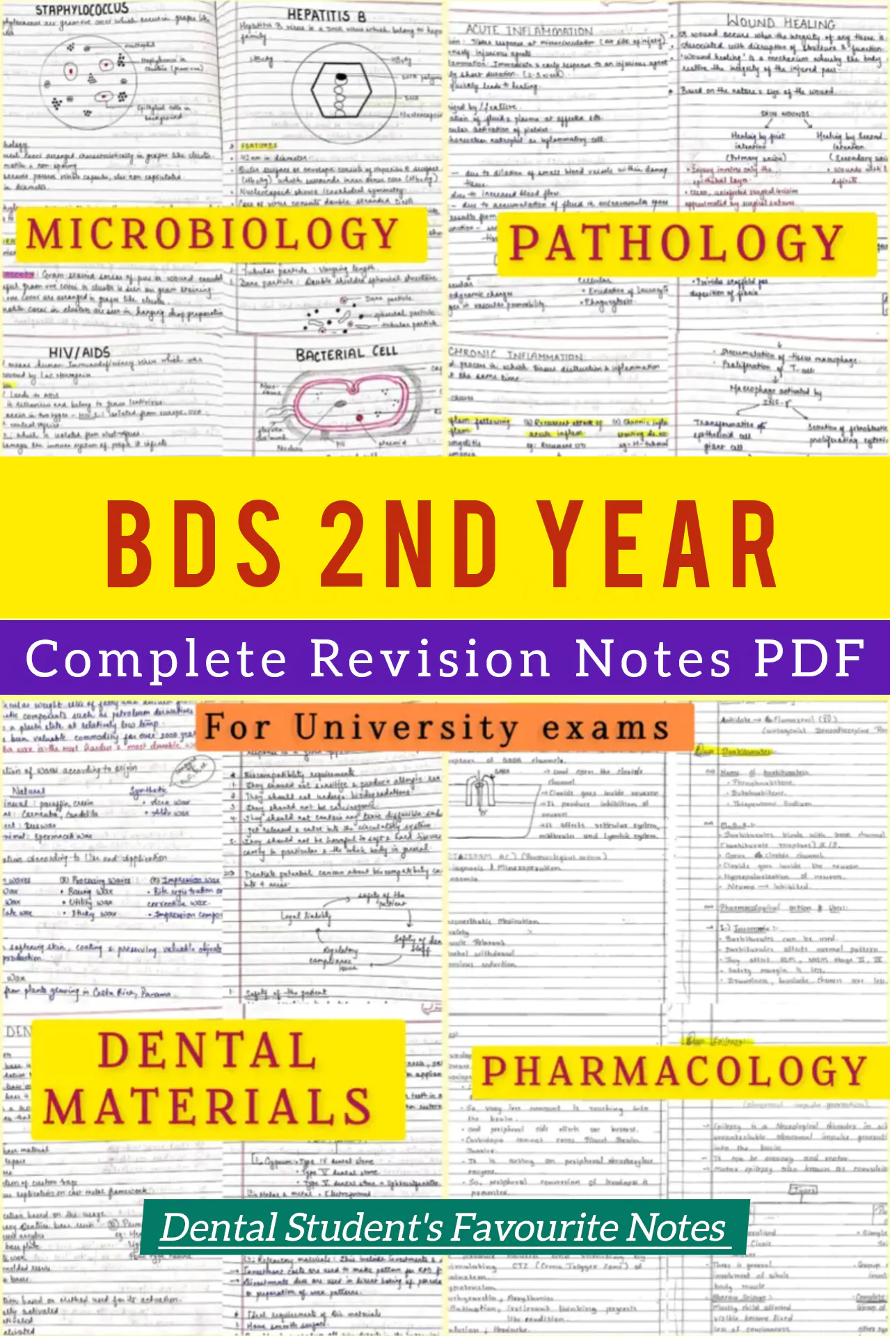 BDS 2nd year ALL SUBJECTS handwritten notes of PATHOLOGY, MICROBIOLOGY, DENTAL MATERIALS and PHARMACOLOGY. Revision notes for University exams 💯 PDF